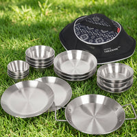 18 Pieces Thickened Camping Set with Storage Bag Brushed Camping Tableware Set Easy to Clean Mess Kit with Travel Case Rust-Resistant for Backpackers