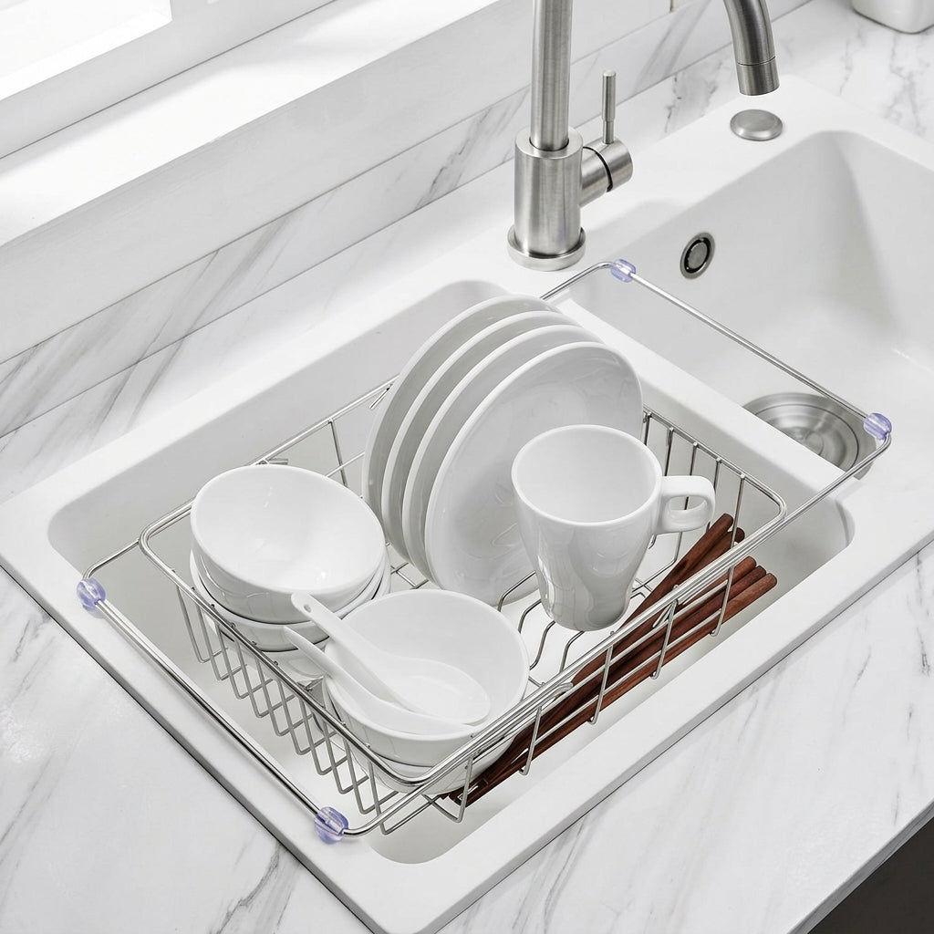 Retractable Drainer and Dish Drain Rack, 201 Stainless Steel Vegetable Washing Basket, Space-Saving Sink Drainer with Rectangular Holes