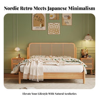 Solid Wood Rattan Bed No Box Spring Needed Rattan Headboard Bed Frame Easy Assembly for Homestay Owners, Couples, Guest Room, Apartment, Vacation Home