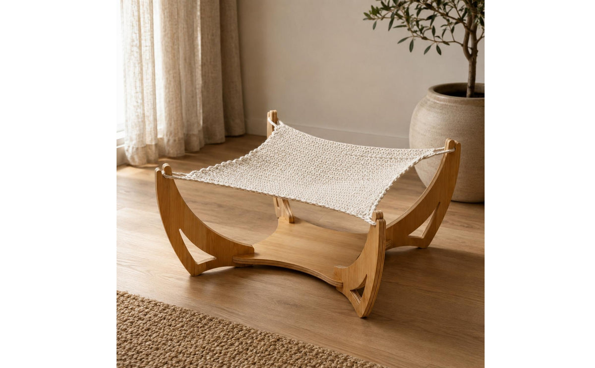 Cat Hammock Bed Open Frame Elevated Cat Hammock Crocheted Rope Wooden Pet Bed for Cats