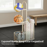 360° Rotating Wheels Basketball Storage Rack Space-Saving Multi-Tier Sports Equipment Rack Large Capacity Rolling Sports Equipment Cart Stable Design for Families, Kids, Home Gym, Playroom, Basement