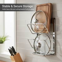 Walnut Wood & 304 Stainless Steel Wall-Mounted Pot Lid Holder with Drip Tray, No-Drill Kitchen Organizer for Cutting Boards