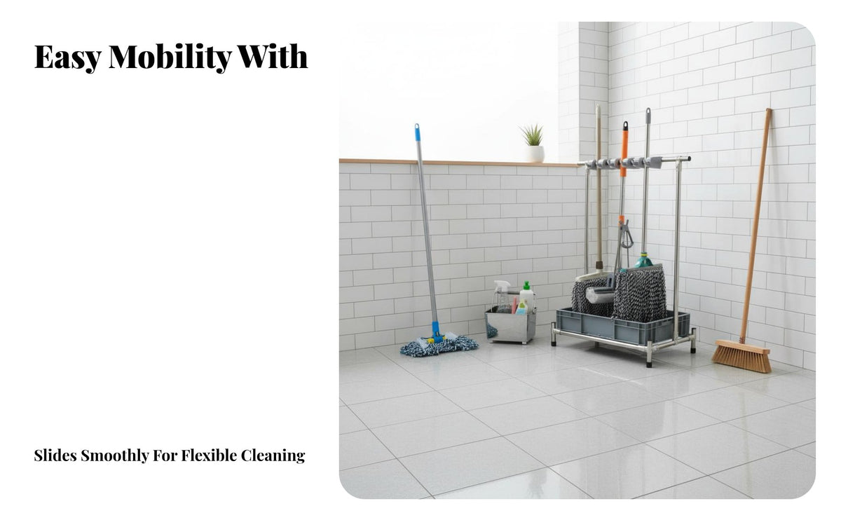 Multi-Functional Floor Standing Mop and Broom Rack With Drain Tray Movable Mop Rack Heavy Duty Freestanding Broom Holder Flexible Loaded Holders for Janitors, Commercial Areas, Janitor's Closet, Garage, Warehouse