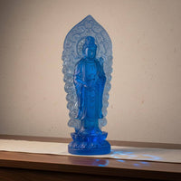 Serene Design Standing Amitabha Buddha Figurine Oriental Aesthetic Resin Buddha Statue with Backplate Exquisite Craftsmanship Religious Decor for Meditation Practitioners, Feng Shui Followers, Mindfulness Enthusiasts, Altar, Bookshelf, Office Desk