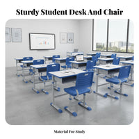 Stable Steel Frame Adjustable Student Desk and Chair Safe & Long-Lasting Height Adjustable School Desk Set Large Storage Compartment Children's Study Table and Chair Anti-Slip Feet for Students, Boys, Girls, Classroom, Tutoring Center, Bedroom, Playroom