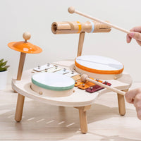 Music Table with Mallets Natural Wood Musical Instrument Set Wooden Activity Table Safe Toy Drum Set Screen-Free for Toddlers