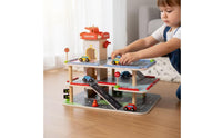 Elevator Lift Wooden Toy Car Garage Printed Road Markings Wooden Parking Garage Open Arch Entrances for Children