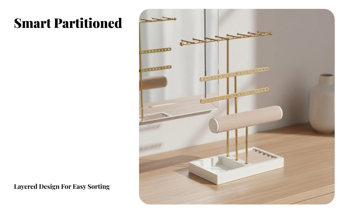 Necklace and Earring Holder Space-Saving Design Multi-Tier Jewelry Display Rack Sturdy & Stable Multi-Tier Jewelry Rack with Wood Tray for Dresser Top