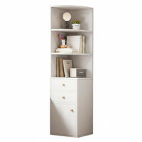 Space-Saving Design Corner Shelf Unit with Drawers Freestanding Multi-Tier Corner Bookcase Small Footprint Storage Cabinet Enclosed Compartments for Apartment Dwellers, Homeowners, Office Workers, Study Room, Bedroom