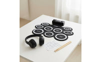 Portable Foldable Drum Practice Mat Beginner Friendly Tabletop Drum Kit Low Noise Digital Percussion Pad Headphall-in-All-in-One Audio Port for Beginners, Drummers, Travel, Apartment Living, Desktop, Studio