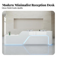 Curved Reception Desk High-Gloss Finish Modern Front Desk Unique Shape Glossy Front Counter Transaction Shelf for Salon Owners, Showroom, Salons, Spas