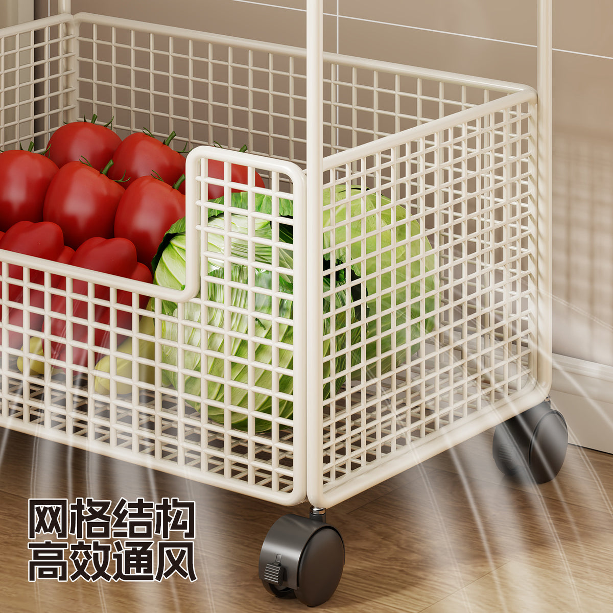 3-Tier Vegetable Storage Rack with Wheels, Mobile Fruit Basket Cart