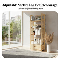 clean contemporary Design Freestanding Shelf with Drawers Multi-Functional 6-Tier Shelving Tower with Drawers Large Capacity shelving unit for Children, Book Lovers, Apartment Dwellers, Living Room, Home Office, Bedroom, Hallway