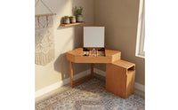 Corner Vanity Desk with Mirror Space-Saving Triangular Makeup Table Set Built-in Storage Hinged Lid Vanity with Side Cabinet for Small Apartment