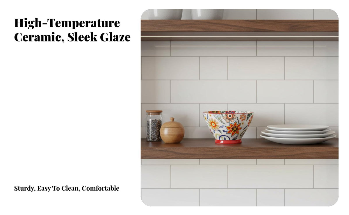 Nordic Floral Ceramic Dinnerware, Hand-Painted Plates & Bowls, Glazed, Microwave Safe