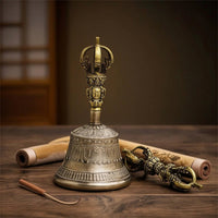 Antique-Style Bell with Vajra Traditional Tibetan Hand Bell Ornate Tibetan Handbell Spiritual for Collectors