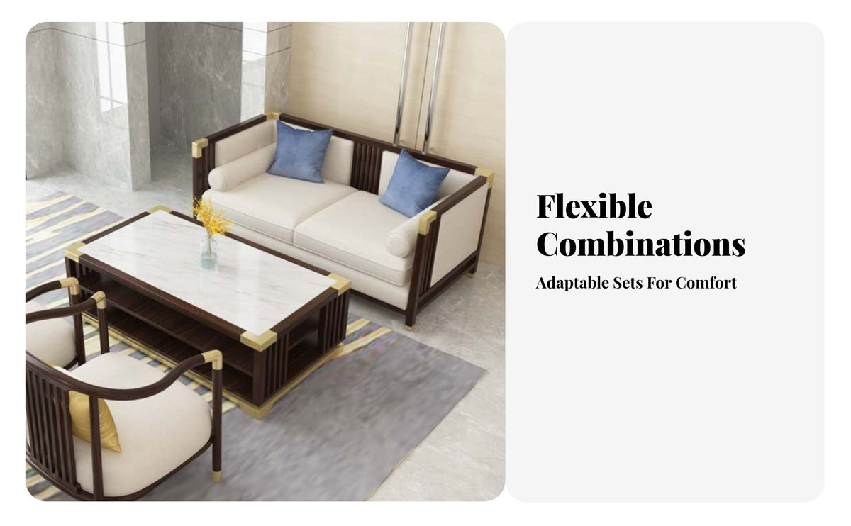 Light Luxury Design Oriental Seating Set Durable Wood Frame Oriental design Bench and Armchair Set Comfortable Sofa Group Minimalist Aesthetic for Interior Designers, Homeowners, Business Owners, Sales Office, Living Room, Hotel Lobby, Reception Area