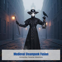 Steampunk Medieval Plague Doctor Costume, Halloween Adult Cosplay, Black Crow Beak Mask