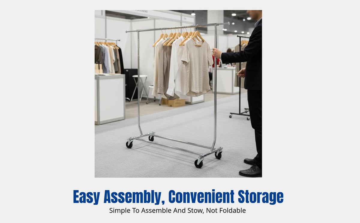Garment Rack with Wheels, Foldable Metal Display Stand, Adjustable Bar, Display