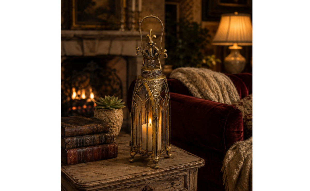 North African Candle Lantern Openwork Wrought Iron Lantern Bronze-Toned House Decoration