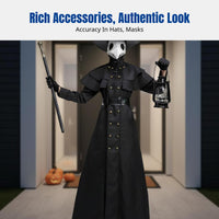 Steampunk Medieval Plague Doctor Costume, Halloween Adult Cosplay, Black Crow Beak Mask
