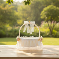 Cream Flower Girl Basket with Ribbon-Wrapped Handle Lightweight Satin Flower Basket with Tulle Skirt Romantic Pre-Decorated for Brides