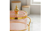 Moisture-Proof Pink Ribbed Storage Jar Airtight Seal Decorative Candy Jar Large Capacity Gold Trim Food Canister for Pantry, Kitchen Counter, Living Room