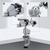 2 Pieces Adjustable Rotating Bench Vise with Clamp Rotatable Clamp-on Vise with Drill Holder Lightweight Table Vice Compact for Workshop, Garage
