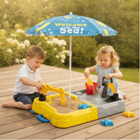 Outdoor Sand and Water Table with Umbrella Shaded Water Play Table with Excavator Summer Toy Divided for Backyard