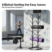 Large Capacity Exercise Mat Storage Rack Space-Saving Exercise Studio Mat Rack Sturdy Metal Frame Floor Standing Foam Roller Stand Long-Lasting Construction for Fitness Enthusiasts, Yogis, Home Gym
