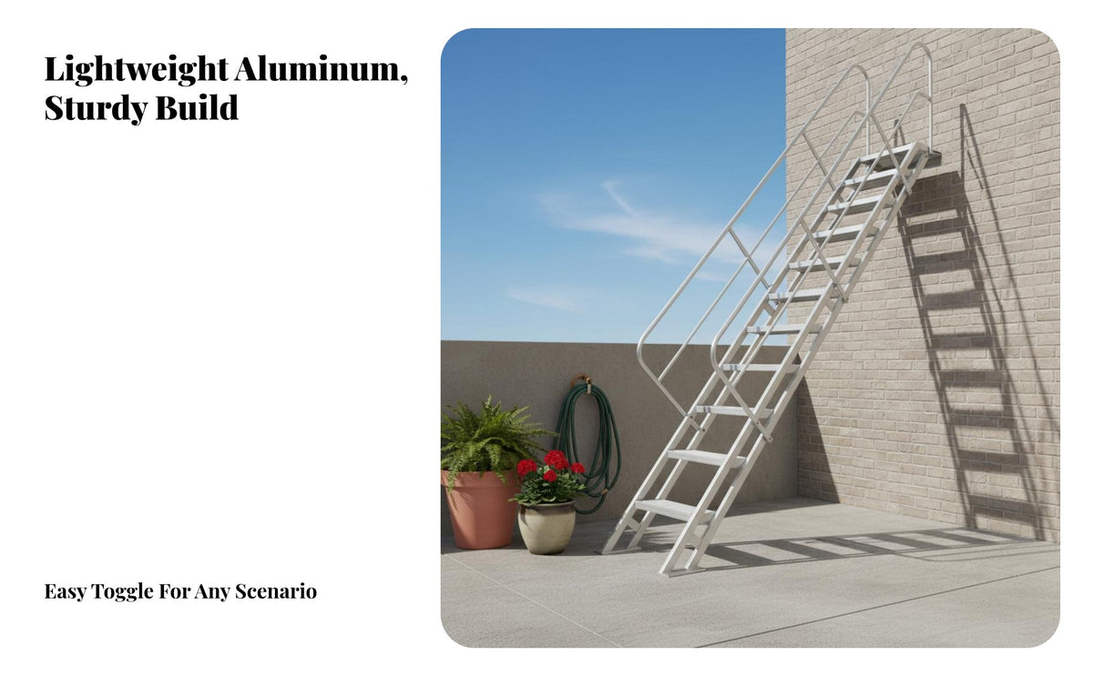 Outdoor Aluminum Staircase Lightweight Fixed Ladder with Handrails Rust-Resistant Fire Exit Stairs for Property Managers, Adults, Rooftop, Attic