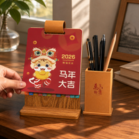 2026 Year of the Horse Wooden Desk Calendar with Pen Holder for Office & Home