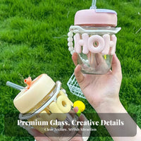 Heat and Cold Resistant Glass Straw Cup with Pearl Handle Aesthetic Design Portable Glass Cup with Letter Sleeve Reusable for Students, Home