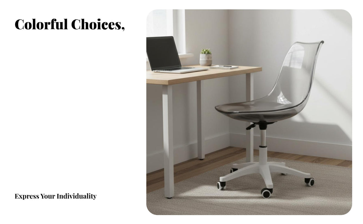 Height Adjustable Armless Clear Rolling Chair Transparent Design Clear Rolling Chair Modern Aesthetic rotating Seat Easy to Clean for Students, Adults, Makeup Users, Study Room, Bedroom, Small Spaces