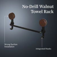 Bathroom Towel Storage, No-Drill Walnut Wood Bar for Washroom, Strong Suction Rack 24 Inch or 18 Heavy Duty for Homeowners
