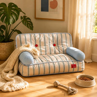 Light Blue Striped Pet Sofa Bed Button Accents Pet Sofa Bed Vintage Padded Cushion Cushioned