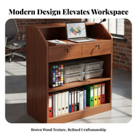 Modern Design Floor-Standing Lectern Multi-Purpose Reception Host Stand Wide Tabletop Wooden Podium with Storage Long-Lasting Construction for Presenters, Receptionists, Lecture Halls, Classrooms, Conference Rooms, Churches