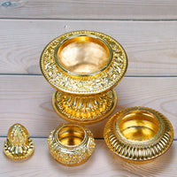 Tibetan Three-Tier Rice Box for Buddhist Altar with Eight Auspicious Symbols