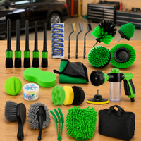 Green Car Cleaning Kit Drill Brush Wheel Detailing Wash Mitt Extension Rod Towel