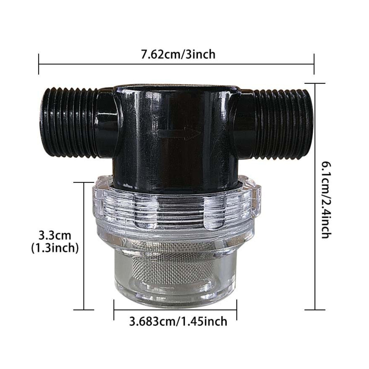 Transparent Cup Inline Pipe Filter Threaded Connections Sediment Filter Direction Direction Arrow Pump Strainer