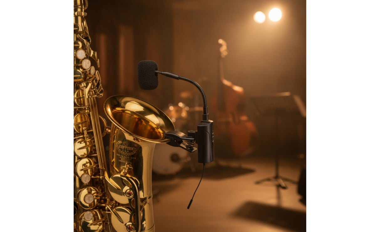VHF Saxophone Audio Pickup Gooseneck Brass Audio Pickup Portable Clip-Attached Pickup Mic Rechargeable for Saxophonists, Live Performances, Rehearsals