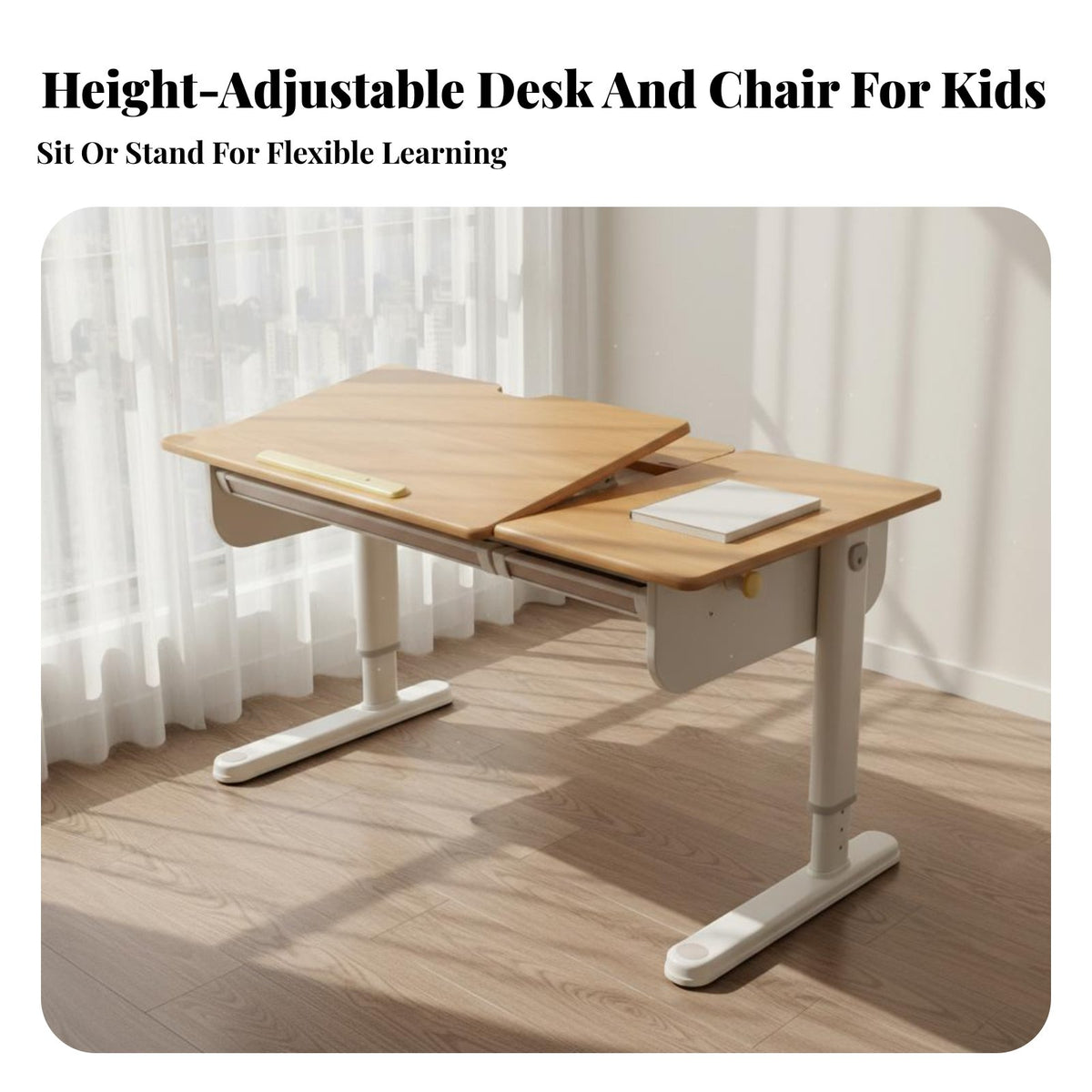 Adjustable Kids Study Desk and Chair Set Large Desktop Kids Desk and Chair Set Rounded Corners Ergonomic Student Workstation for Reading, Drawing