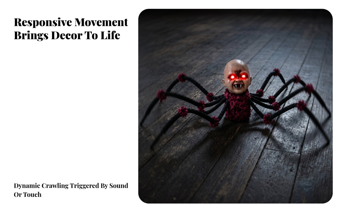 Scary Arachnid with Glowing Eyes | Fuzzy Dark garnet body, arachnid with LED Eyes, for eerie estate