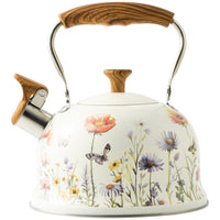 Floral Whistling Tea Kettle Wood-Grain Tea Kettle with Flip-up Spout Cottage-Style Fast-Boiling for Kitchen