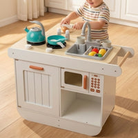 Compact Wooden Play Kitchen with Accessories Sturdy Toy Kitchen Set with Play Food Realistic Pretend Cooking Unit with Sink Educational for Playroom