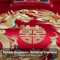 4 Pieces Festive Red Color Embroidered serpent and firebird Bed Linen Traditional Wedding the couplee Bedding Set Auspicious Design Bedroom Linens plush texture for Newlyweds, Gift Givers, Families, Bridal Room