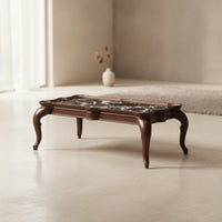 Coffee Table with Marble-Look Traditional-Aesthetic Top-Style Low Coffee Table Curved-Leg Furniture for Living Room, Sitting Area, Reading Corner