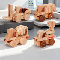 Beech Wood Magnetic Building Blocks Set for Kids - Engineering Vehicles and Airplanes
