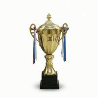 Trophy with Lid Gold-Colored Trophy with Ribbons Award Cup Polished Lidded for Winners, Ceremonies, Contests