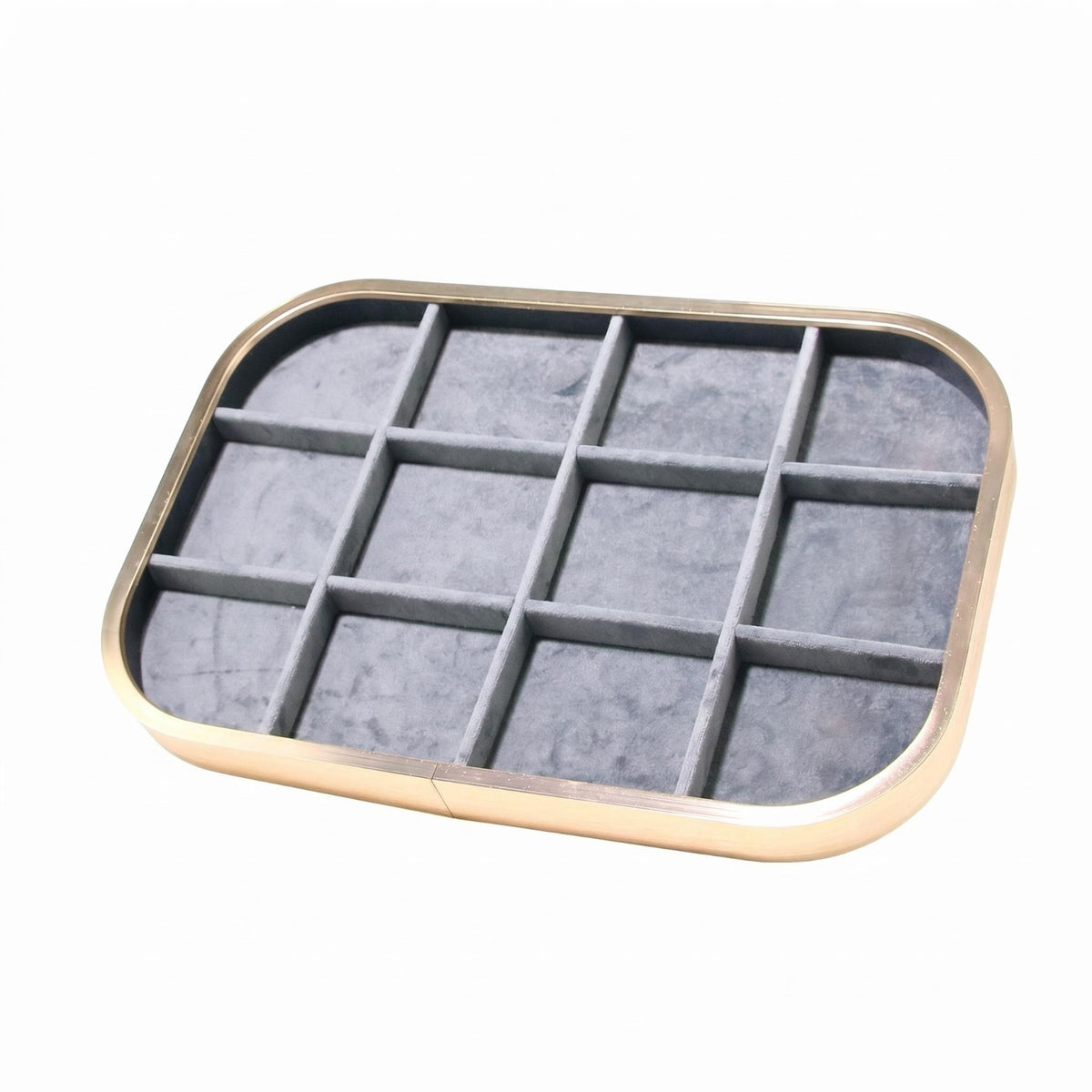 Aluminum Alloy 12-Compartment Jewelry Tray Rounded-Rectangle Flocked Jewelry Tray
